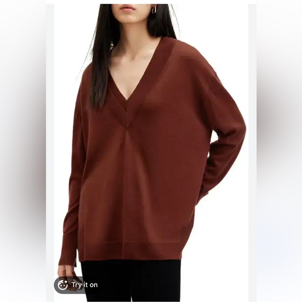 All Saints Bern paneled v- neck wool blend pullover sweater sugar brown small